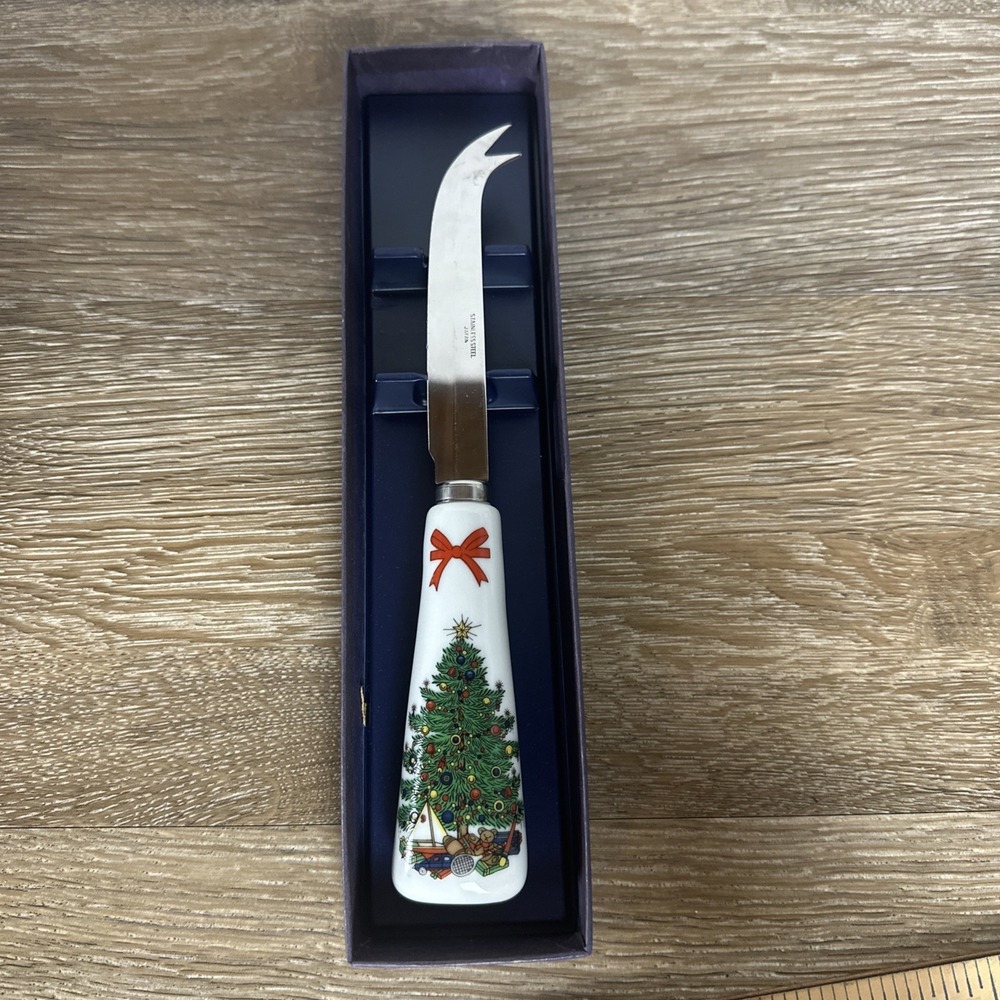 Vintage Christmas Cheese Spreader Stainless Steel Japan Holiday Tree Porcelain